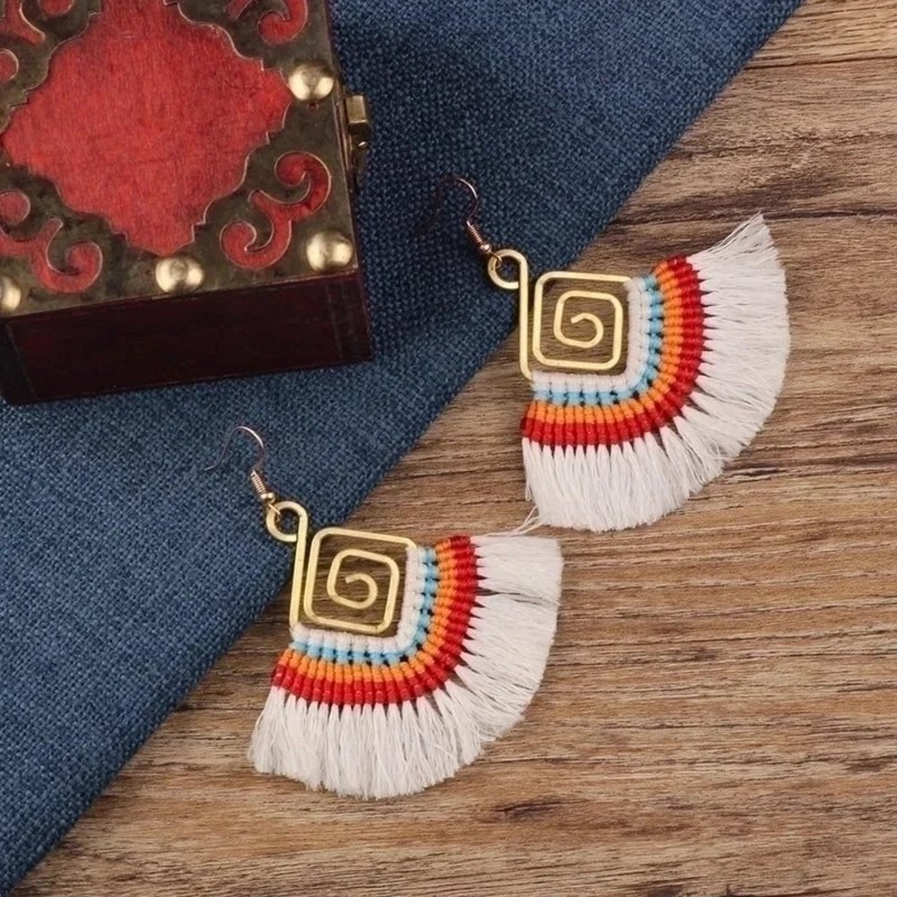 Fringe Earrings Geometric Gold Colorful Boho Bohemian Dangle Drop